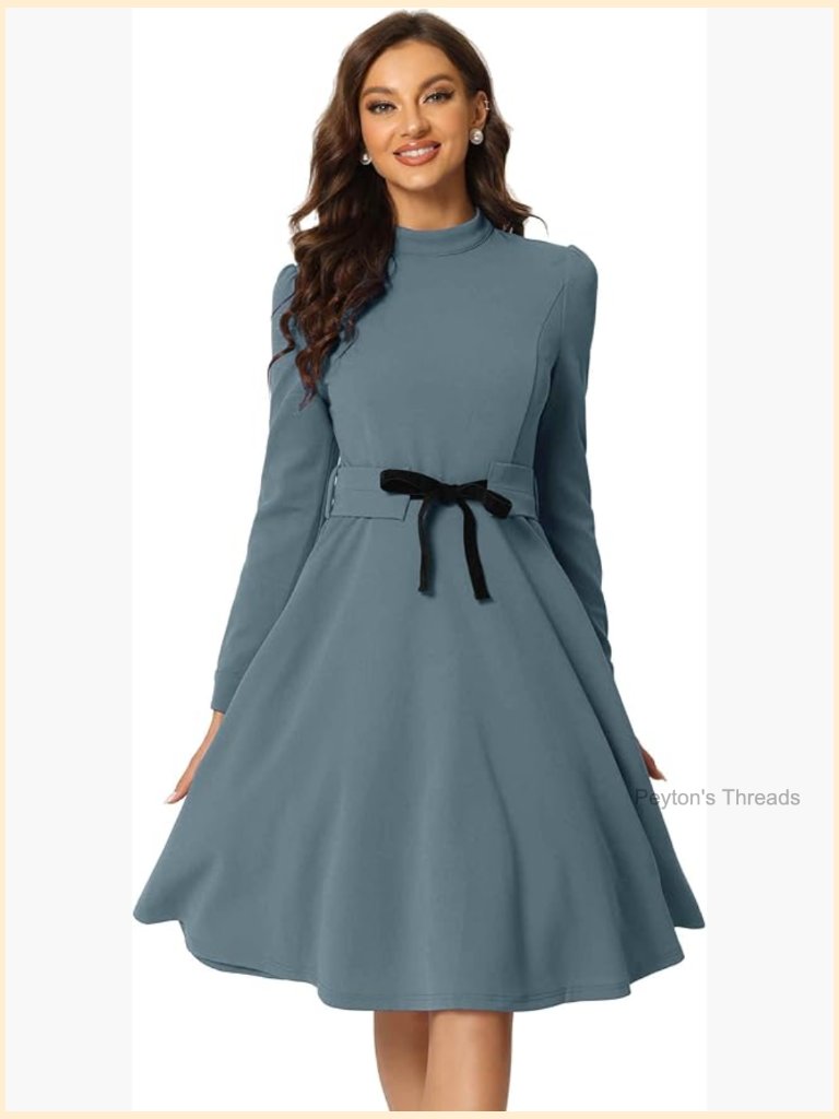 Women's Mock Neck Long Sleeve Knee Length A-Line Party Cocktail Dress